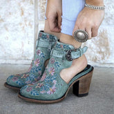 Vintage Floral Embroidery Round Toe Ankle Bootie Oshnow